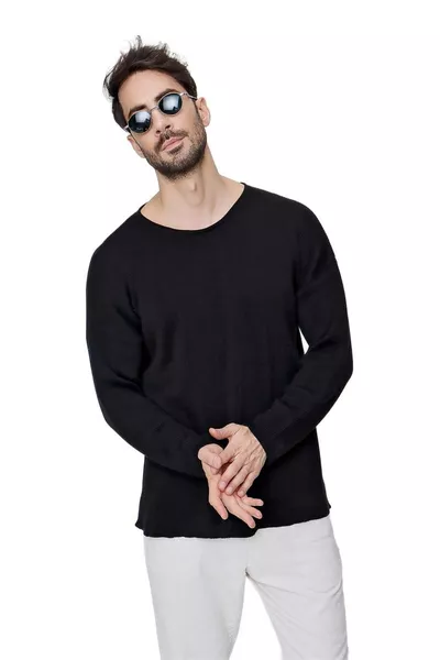 كنزة رجالية فضفاضة من القطن برقبة على شكل دراجة، لون أسود 