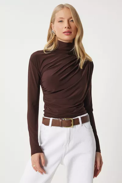 Women's Brown Drawstring Detailed Stand Neck Sandy Blouse 