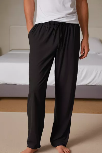 % Baumwolle Suprem Herren Pyjamahose Schwarz, kompakte Jerseyware, mit Tasche, bequemer Schnitt, Gummibund mit Kordel, atmungsaktiv