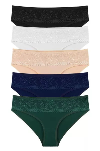 Дамски памучни дантелени бикини в смесени цветове, комплект от 5 броя 
