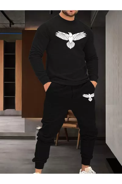 Black Eagle Jogger Sweatshirt and Pants Set Oversized Printed Crew Neck