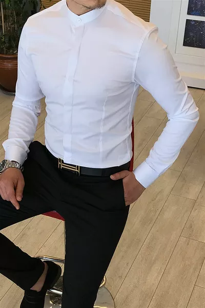 إيطالي قص سليم فيت رجالي ياقة قاضي ياقة قميص أبيض 