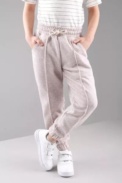 Elastic Waist, Fleece-Lined, Pocketed, Comfortable Unisex Kids' Sweatpants Beige