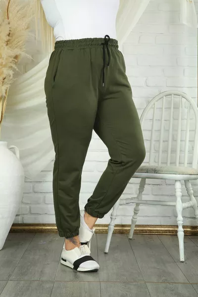 Kadın Haki Beli Lastikli Cepli Büyük Beden Eşofman Altı