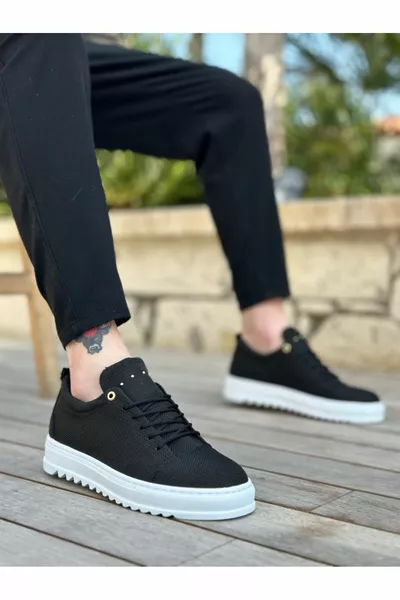  الدانتيل المتابعة عالية النعل الأسود الكتان أحذية الرجال