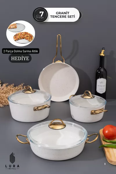 Set di Pentole in Granito Bianco 7 Pezzi - Design Elegante e Soluzioni Resistenti (Sottopentola per Involtini in Omaggio)