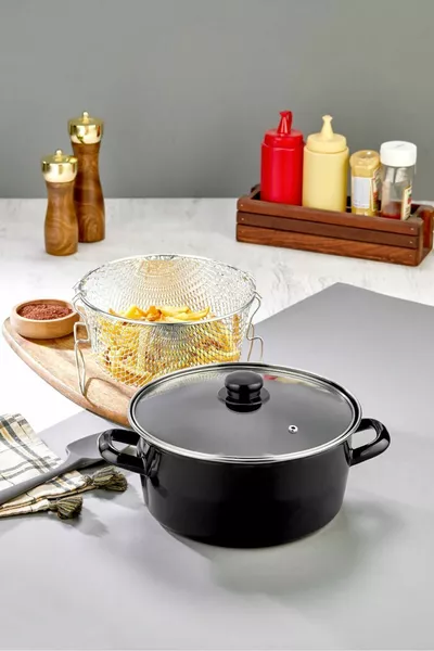 طنجرة قلي بمقبض زجاجي مطلي بالمينا –  سم، طهي صحي وآمن