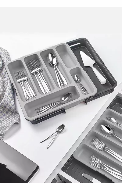 Двустранно регулируем органайзер за прибори за чекмедже с разтегателен отдел за лъжици и вилици