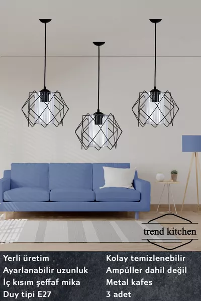 3 Black Chandelier Pendant Lights with Acrylic Glass Shade for Living Room, Kitchen, Hallway, Entrance