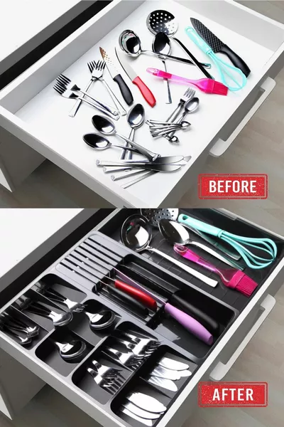 Макси регулируем вътрешен органайзер за чекмедже с плъзгащи се поставки за ножове и лъжици, антрацит