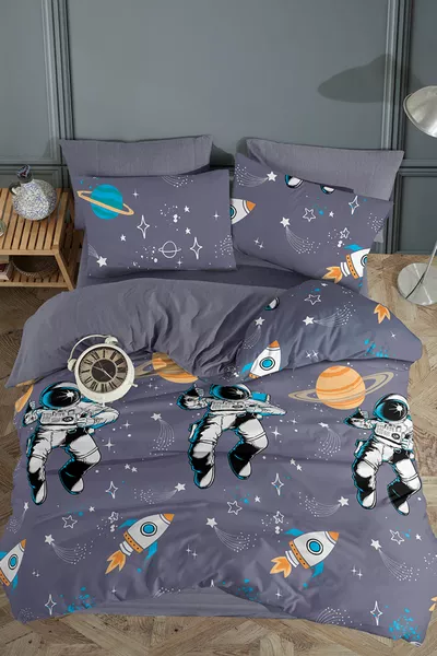 Едноспален спален комплект с калъфка и чаршаф с ластик с дизайн на астронавт, за двустранна употреба