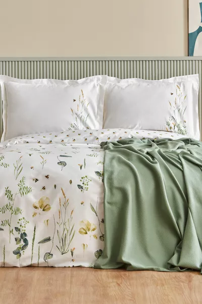 Herbal % Katoen Tweepersoons Dekbedovertrek en Sprei Set Wit