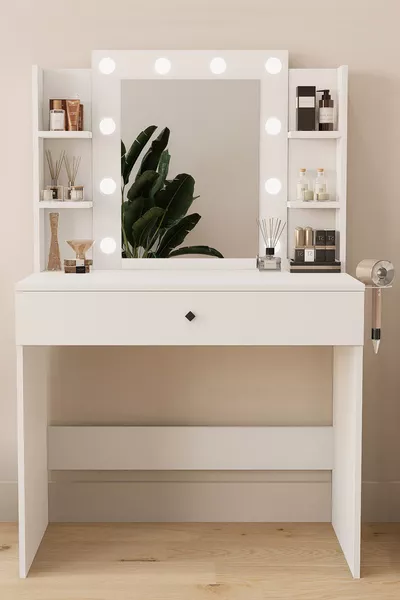 طاولة مكياج مع مرآة على طراز هوليوود مع تنظيم المجوهرات، تصميم أبيض لامع