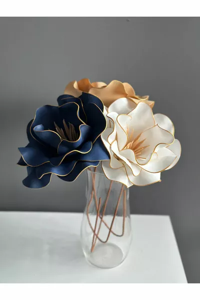 Ръчно изработени декоративни големи 3 броя изкуствени цветя от магнолия - тъмносиньо-бяло-жълто