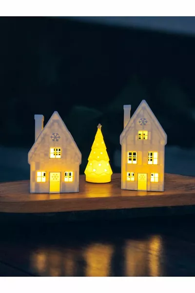 Snowflake Triple Winter Houses - 2 Christmas Houses 1 Pine Tree Concept Decorative House and Christmas Ornaments