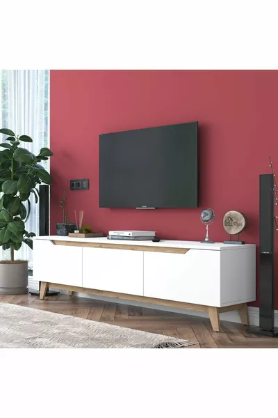 Rani TV Unit Modern Standing TV Table  Cm White - Basket Walnut