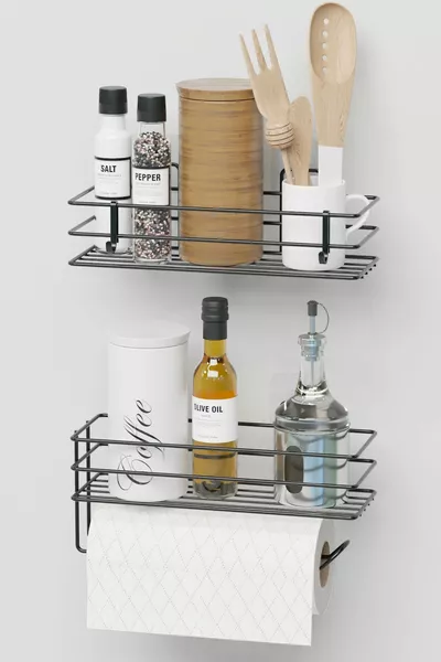 Sticky Kitchen Shelf 2-Piece Set with Paper Towel Holder Kitchen Organizer Black