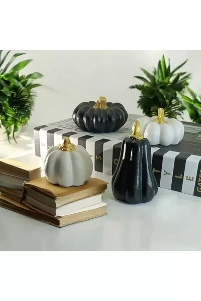 Set of 4 Black and White Decorative Pumpkin Figurines