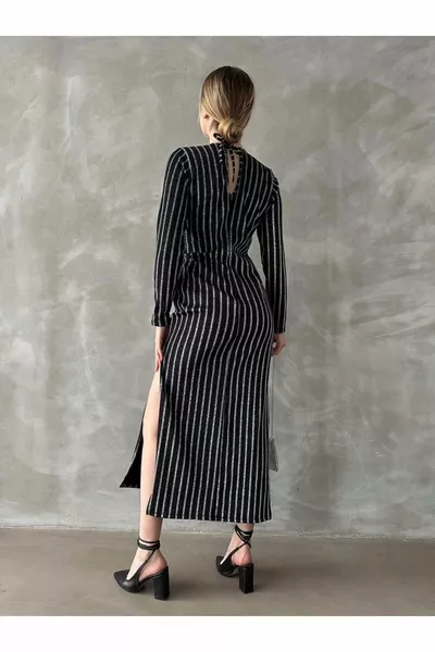 Abito lungo a righe glitterate nere