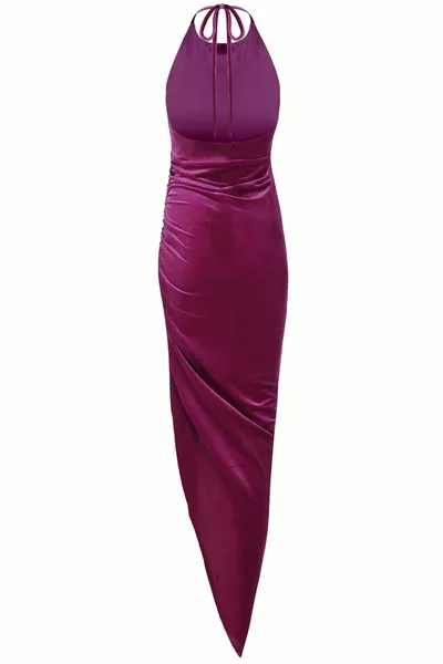 Abito da sera midi con gonna asimmetrica in velluto con cravatta a prugna