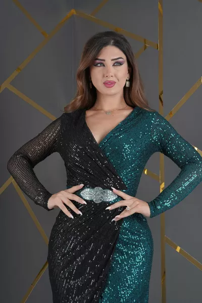 Zara Pailletten Design Zweifarbig garnierte Taille Druckknopf Stein Accessoire Schlitz Abendkleid