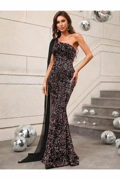 واحد الكتف الشيفون الأكمام الترتر مساء اللباس