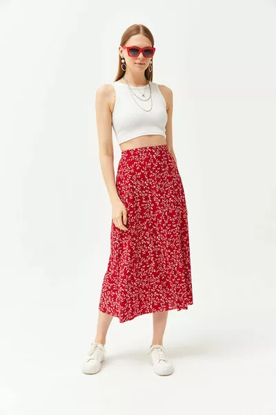 Women's Japanese Red Elasticated Patterned Long Skirt 