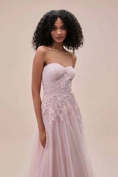 Tulle Lace Embroidered Strapless Long Evening Dresses
