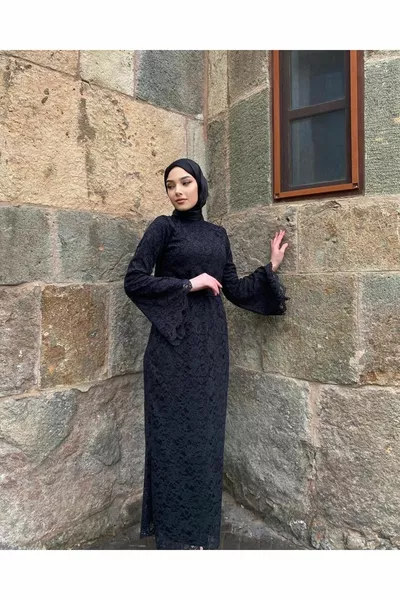 Kadın Siyah Dantel Tesettür Abiye