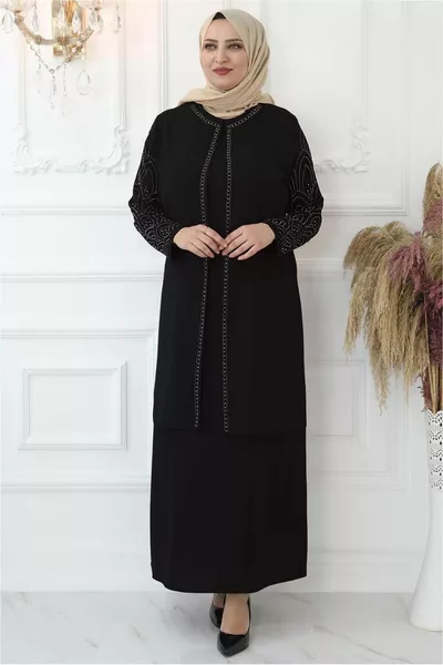 فستان سهرة أسود نسائي مع تطريز حجري على الأكمام وياقة 