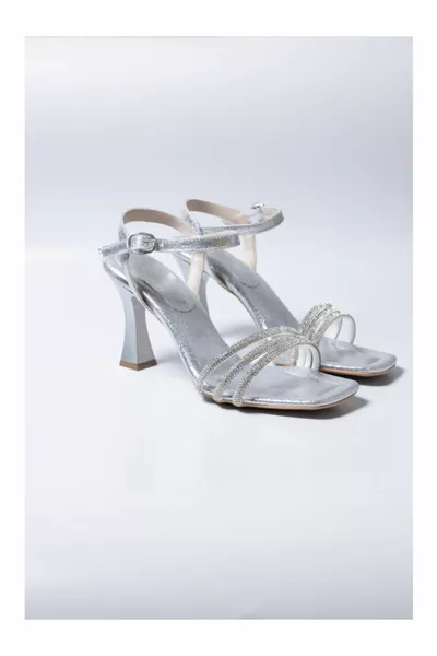 Elegant Three Strap Grey Evening Dress Shoes Open Heel