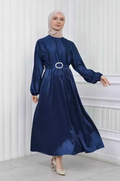 Satin Mevlana Design Belted Hijab Dress Evening Dress