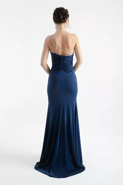 Women's Navy Blue Stone Strap Slit Long Evening Dress