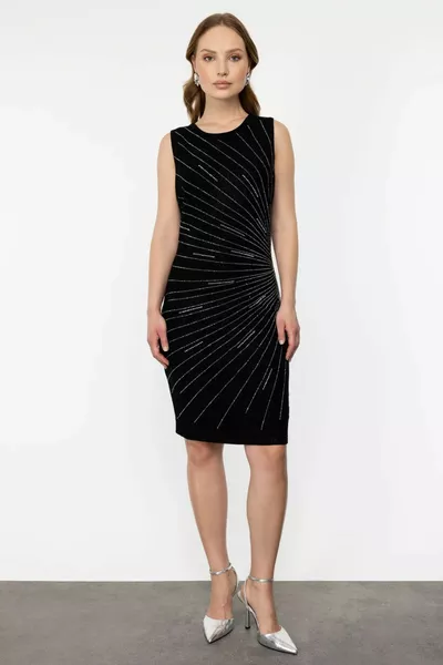 Women's Stone Printed Pencil Evening Dress Black