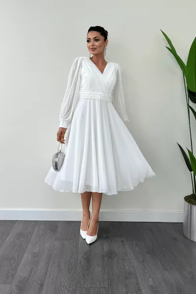 Abito midi dettagliato in tessuto chiffon - BIANCO
