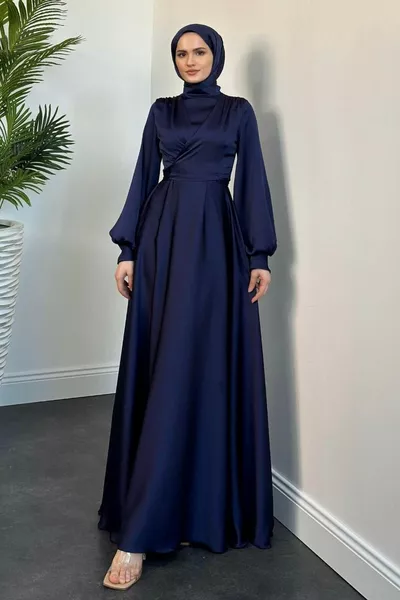 Isabella Double-breasted Detail Satin Evening Dress Navy Blue