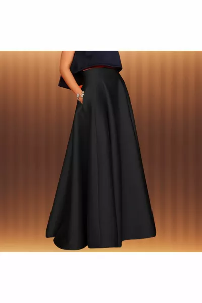 Women's Black Pocket High Waist Maxi Long A-line Pleated Satin Skirt