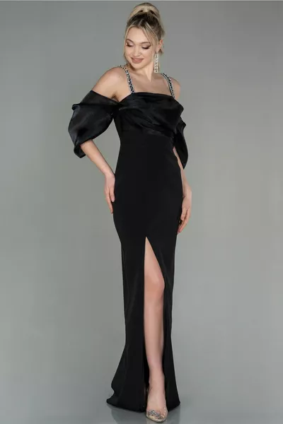 أسود حزام كم التبعي شق فستان مساء طويل 