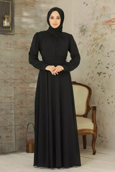 Черна рокля за хиджаб с копче детайл S