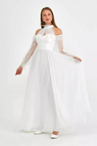 Abito da sera lungo drappeggiato in tulle bianco da donna 