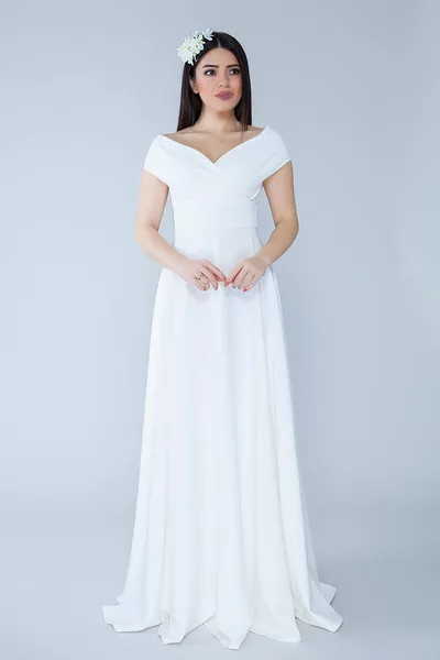 أبيض قارب الرقبة مزدوجة الصدر المنسوجة المتدفقة النسيج ماكسي طول مساء اللباس