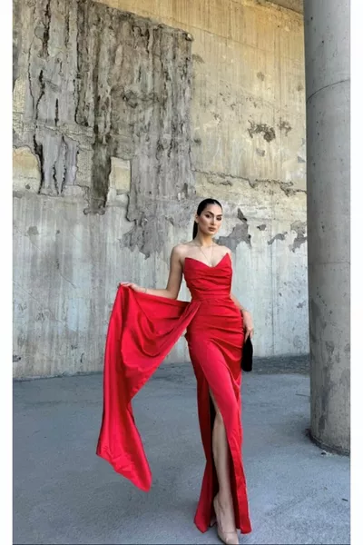 ROBE DE SOIRÉE LONGUE FEMME EN SATIN DE COTON ALLER-SLIT À COL DEGAJE