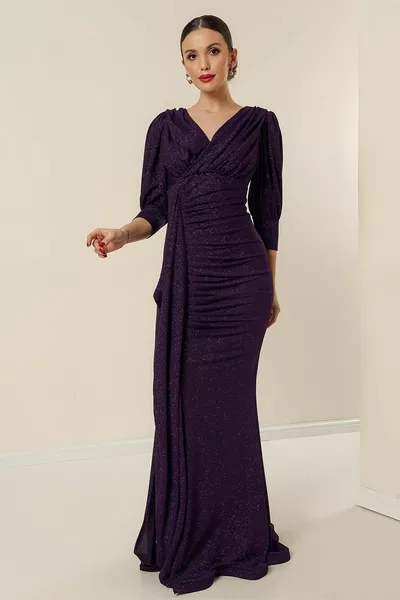 Double-breasted Kraag Gevoerd Gedrapeerde Front Gedrapeerde Side Split Sleeve Lange Glitter Jurk Paars