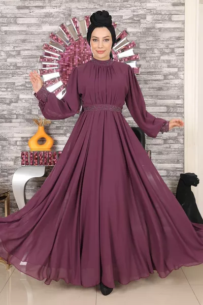 Вечернее платье из шифона с каменной детализацией Plum 