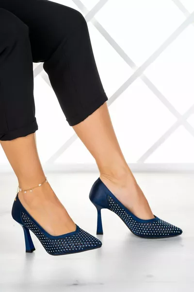 Stella Navy Blue Satin Stone Mesh Shoes 9 cm.