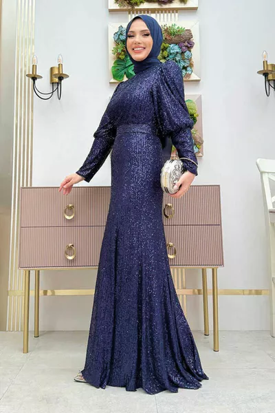 Pailletten Vis Avondjurk met Riem Accessoires  Marineblauw