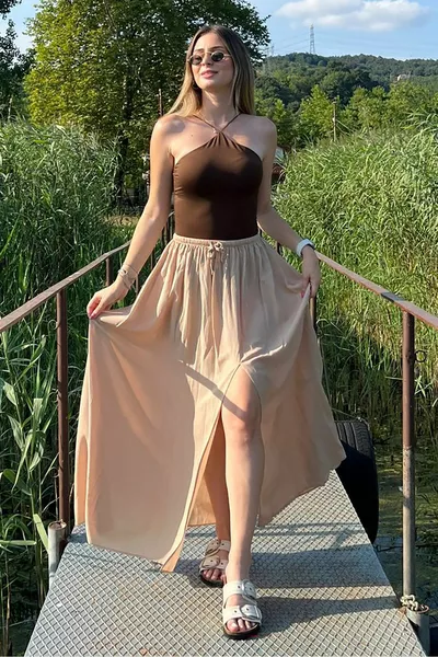 Beige Elasticated Slit Long Women's Skirt 