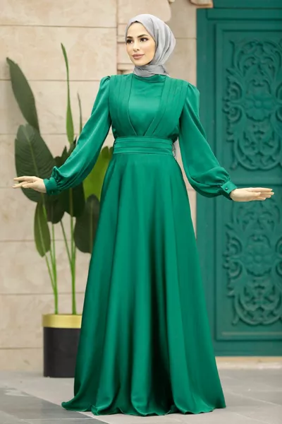 Вечернее платье Хиджаб - Драпировка Зеленый Хиджаб Атлас Вечернее Платье Y