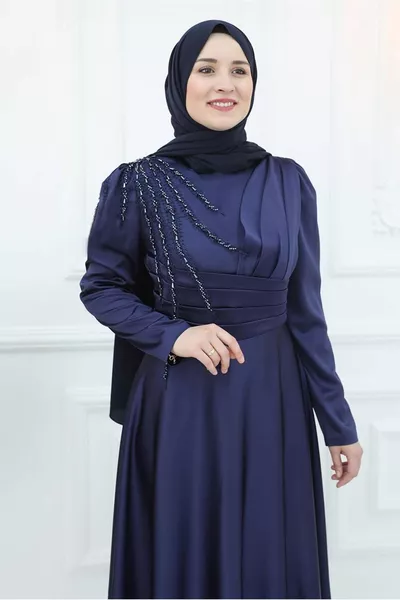 المرأة الأزرق الداكن الديكور مفصلة الساتان مساء اللباس T 