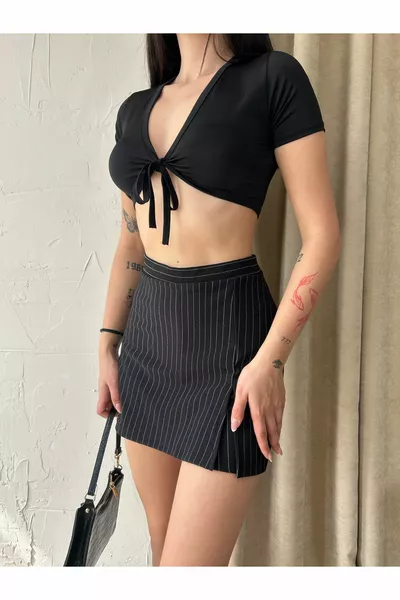 Women's High Waist Line Patterned Slit Detailed Mini Shorts Skirt Black